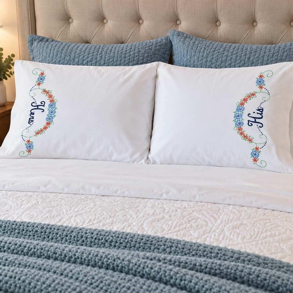 Vintage His Hers Embroidered Floral White Pillowcase Set Standard Pair